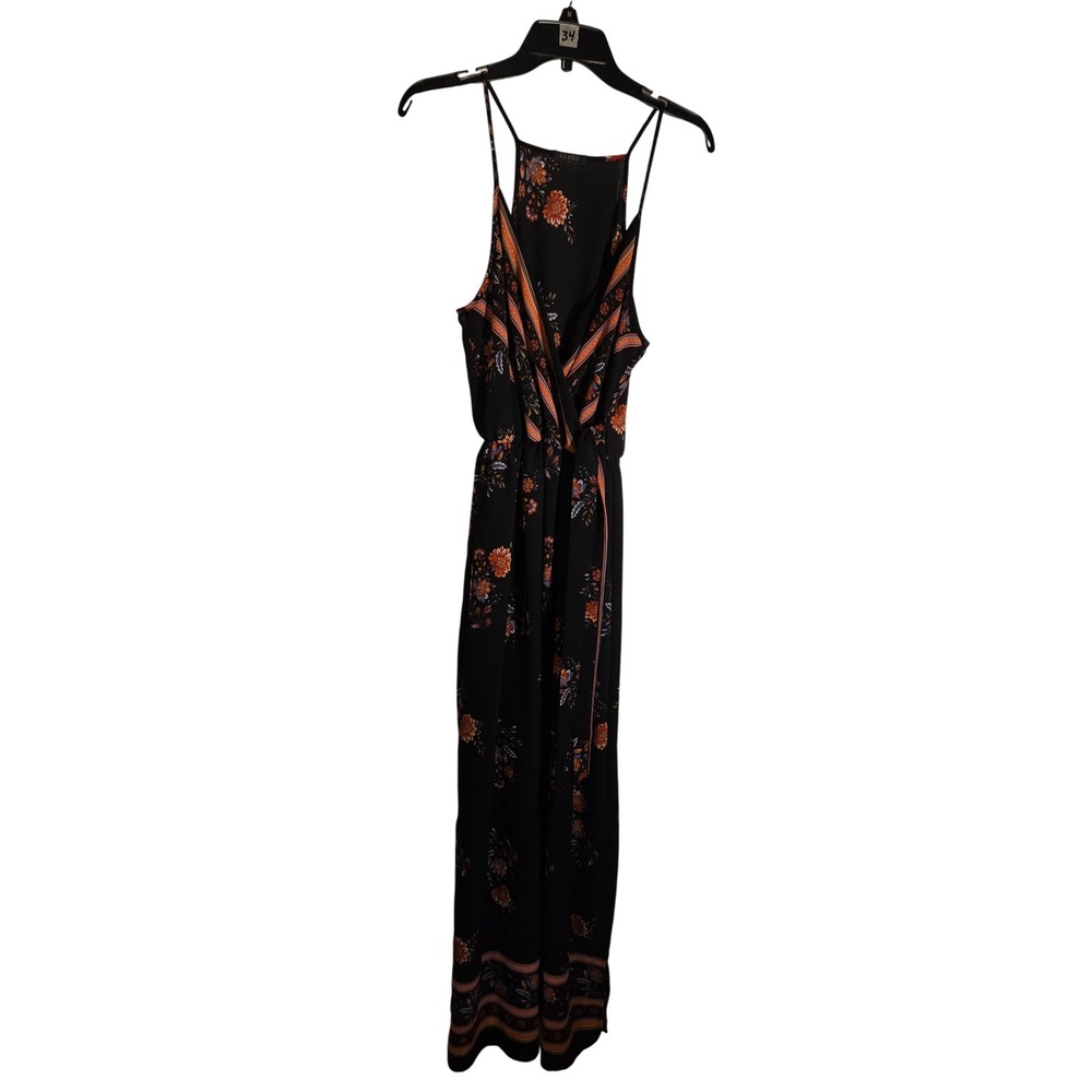 Scobe Floral Maxi Dress Black Orange Boho Wrap Tie Waist Spaghetti Strap Large